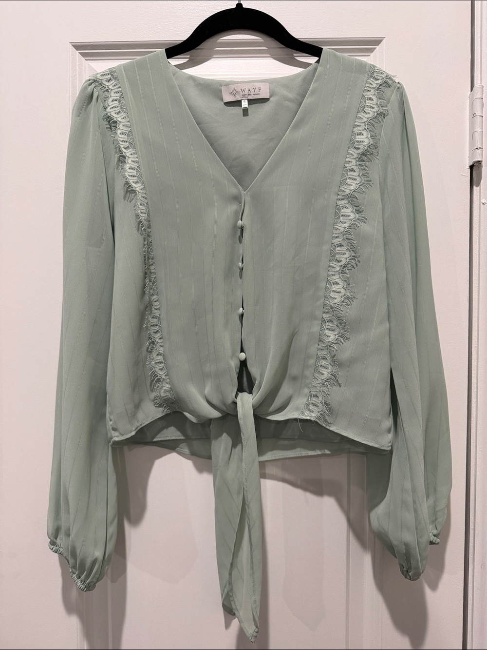 Wayf Light Sage Green Tie-Front Lace-Trim Blouse